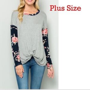 New Grey Women’s Top With Floral Contrast Sleeve And Knotted Hem